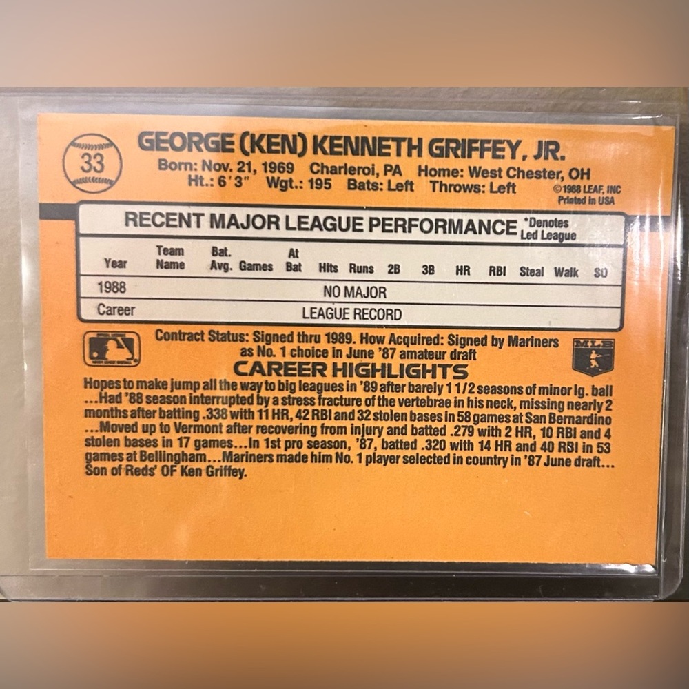 Ken Griffey Jr 1989 Donruss ‘Rated Rookie' Baseball Card - Picture 3 of 3